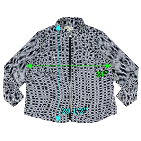 MICHAEL Michael Kors Black White Geometric Full Zip Roll Tab Sleeve Blouse - Picture 3 of 9